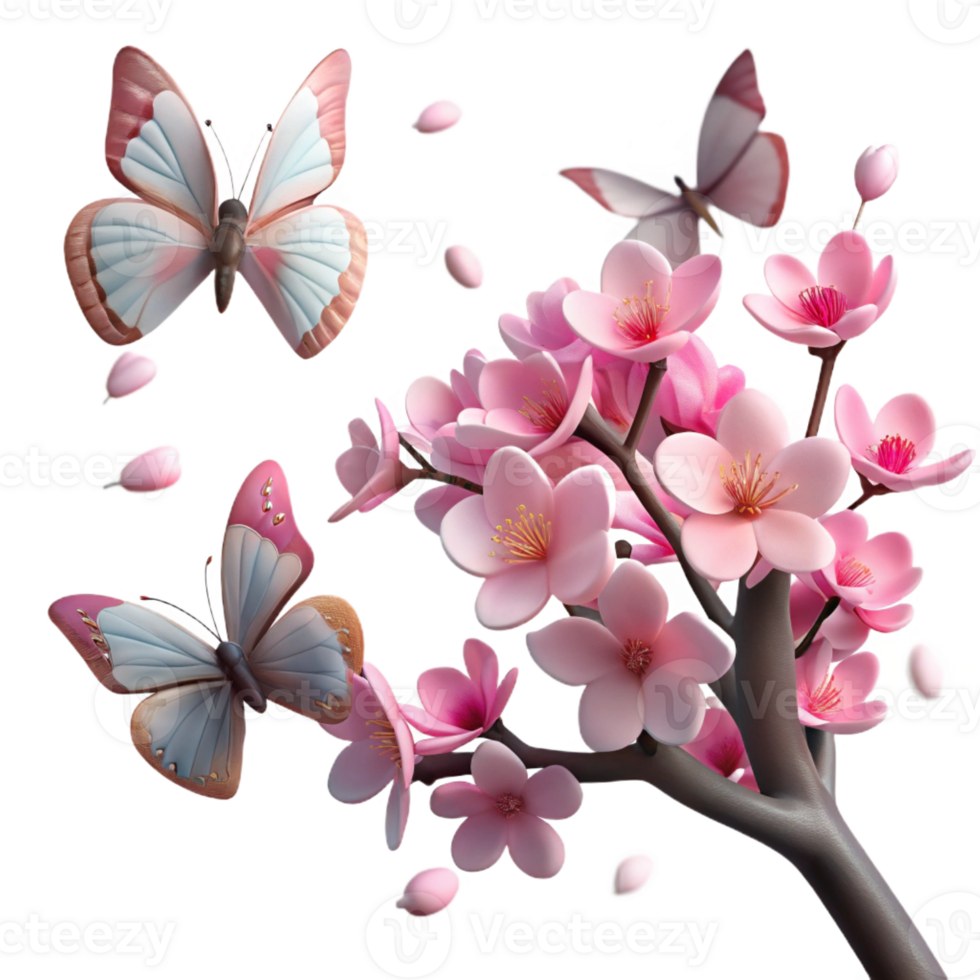 magnificent rustic A group of butterflies fluttering around a blooming cherry tree, illuminated by soft, diffused sunlight, in a romantic, painterly style original png