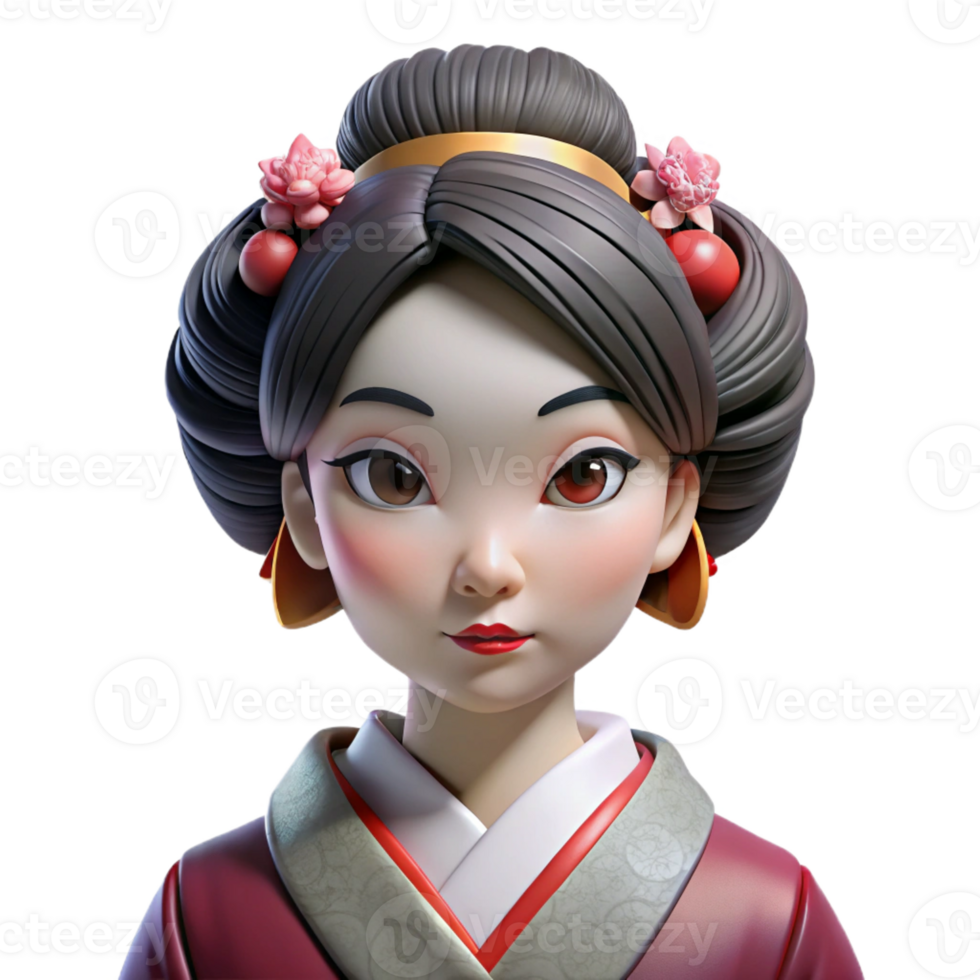 dramatic abstract Portrait of a beautiful geisha with elaborate makeup, soft lighting, traditional Japanese art style premium png