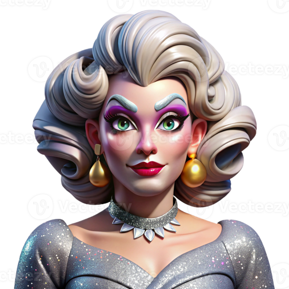elegant contemporary Portrait of a glamorous drag queen with extravagant makeup, vibrant stage lighting, performance photography style high resolution png