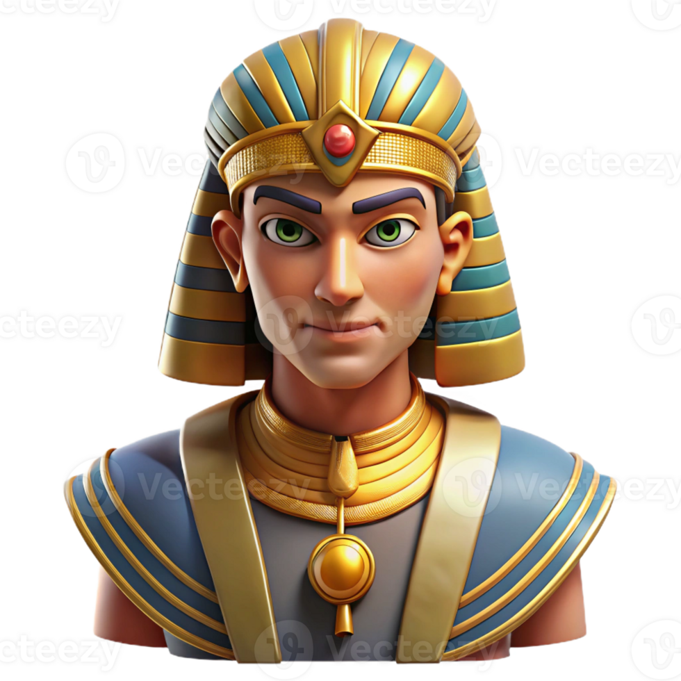 wonderful modern Portrait of an ancient Egyptian pharaoh with elaborate headdress, warm desert lighting, historical portrait style detailed png