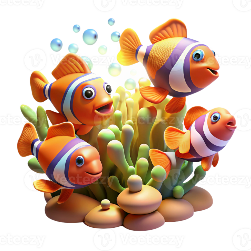 elegant creative A school of colorful clownfish darting through a coral reef, sunlight streaming through the water, rendered in a vibrant, impressionistic style premium png