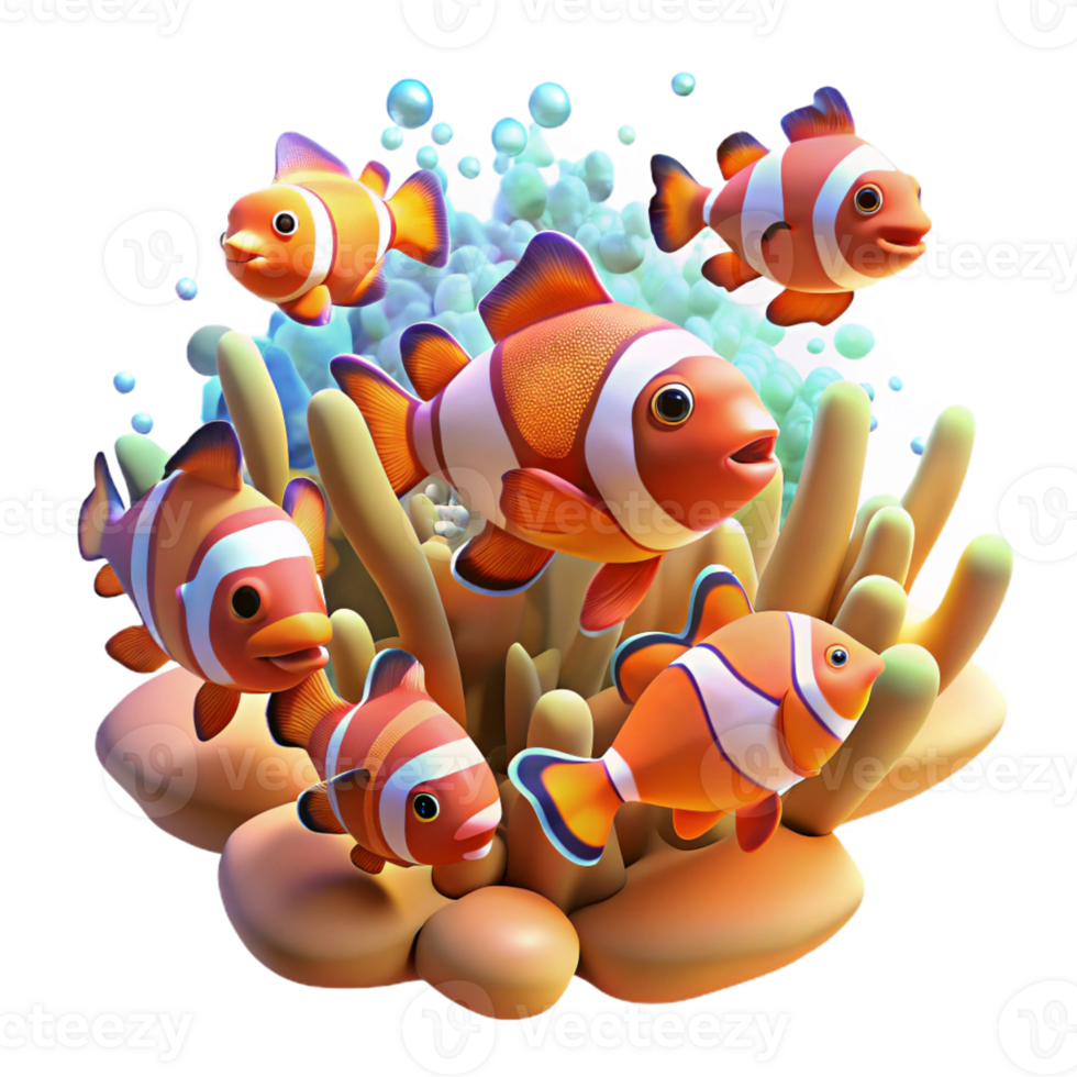 wonderful classic A school of colorful clownfish darting through a coral reef, sunlight streaming through the water, rendered in a vibrant, impressionistic style genuine png