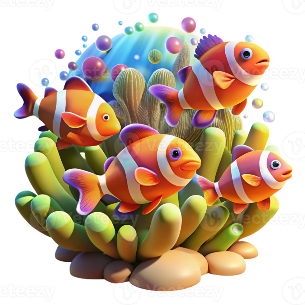 dramatic traditional A school of colorful clownfish darting through a coral reef, sunlight streaming through the water, rendered in a vibrant, impressionistic style high quality png
