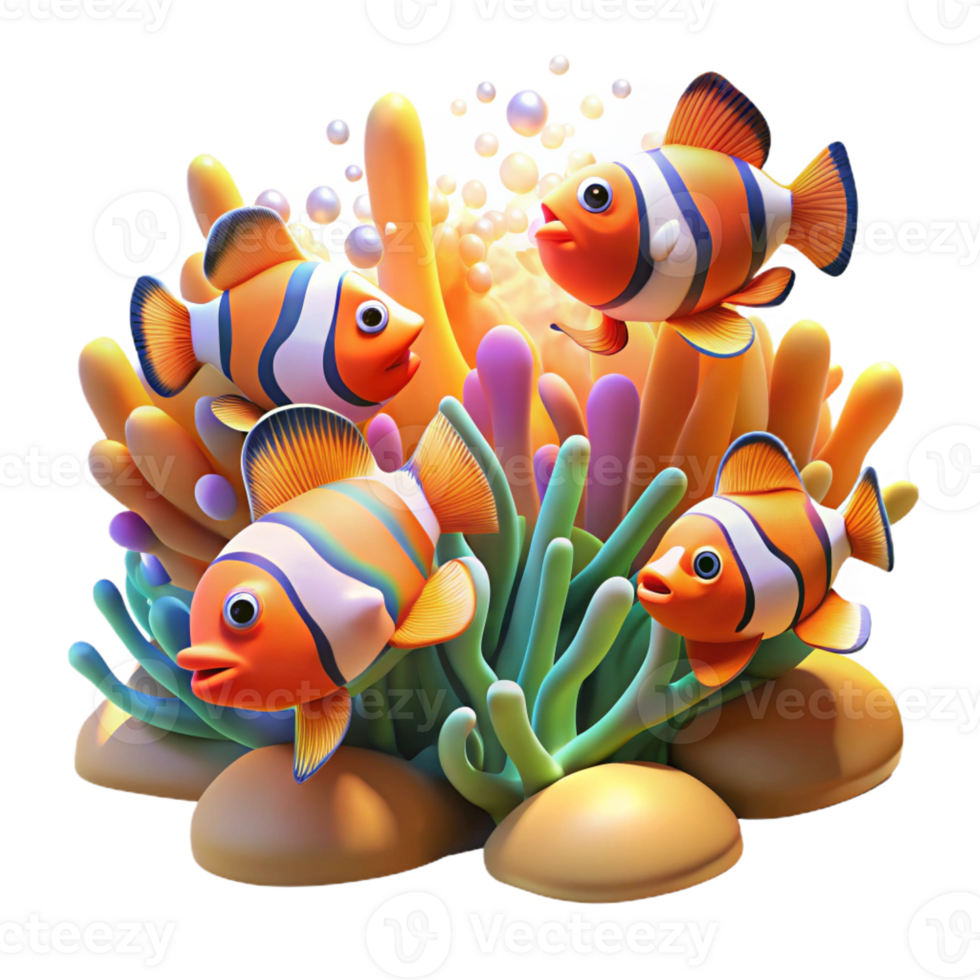 magnificent classic A school of colorful clownfish darting through a coral reef, sunlight streaming through the water, rendered in a vibrant, impressionistic style premium png