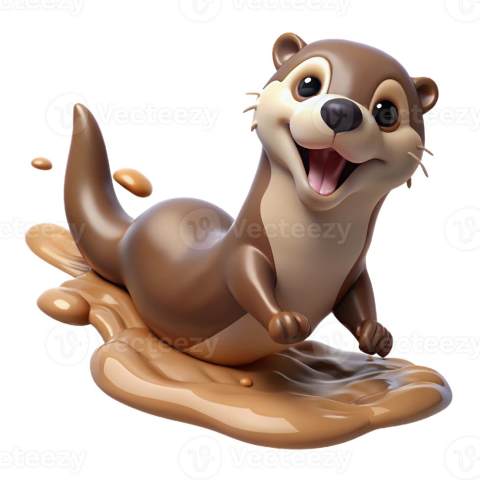 magnificent abstract A playful otter sliding down a muddy riverbank, splashing water everywhere, illustrated in a whimsical, cartoonish style high resolution png