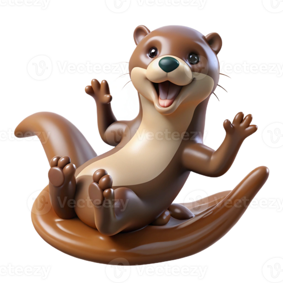 dramatic classic A playful otter sliding down a muddy riverbank, splashing water everywhere, illustrated in a whimsical, cartoonish style authentic png