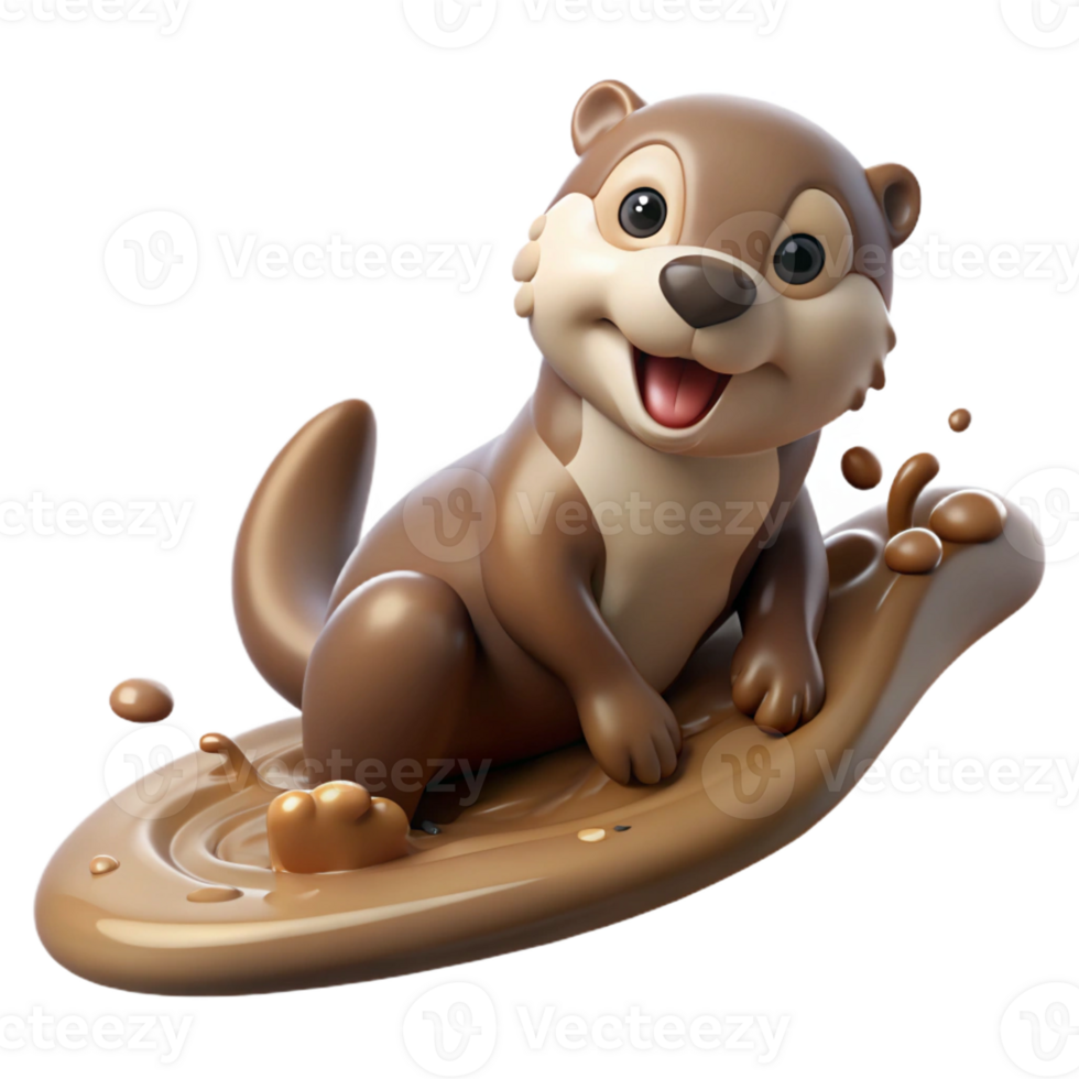 serene artistic A playful otter sliding down a muddy riverbank, splashing water everywhere, illustrated in a whimsical, cartoonish style 4K png