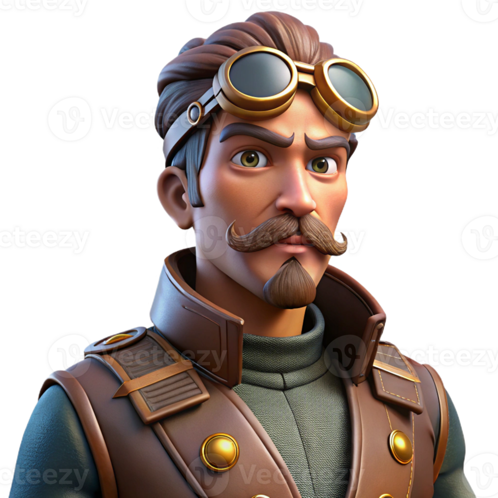 magnificent artistic Portrait of a steampunk airship captain with goggles and leather jacket, dramatic side lighting, steampunk style exclusive png