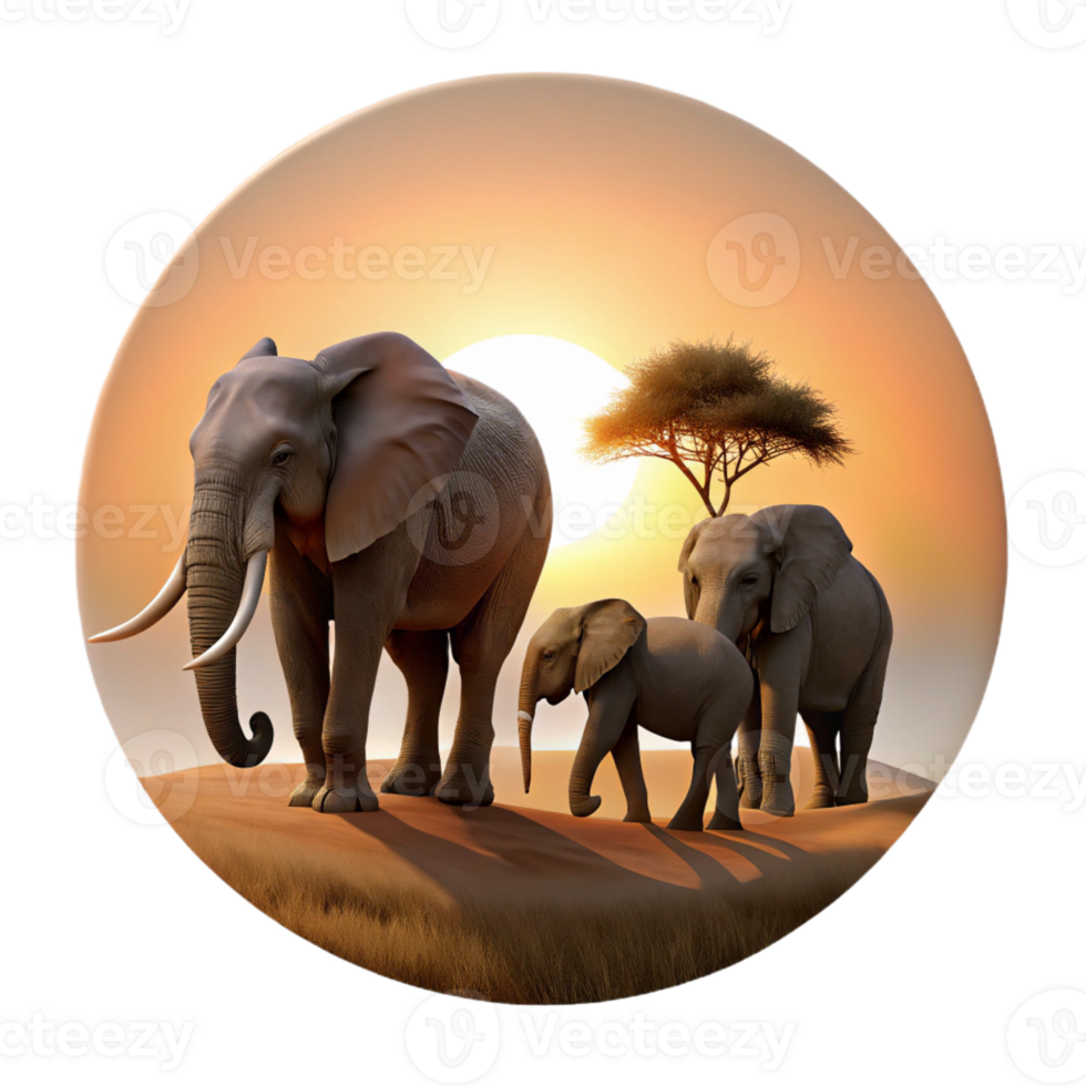 vibrant rustic A family of elephants crossing a dusty savanna, silhouetted against the setting sun, captured in a cinematic style with warm tones and dramatic lighting high quality png