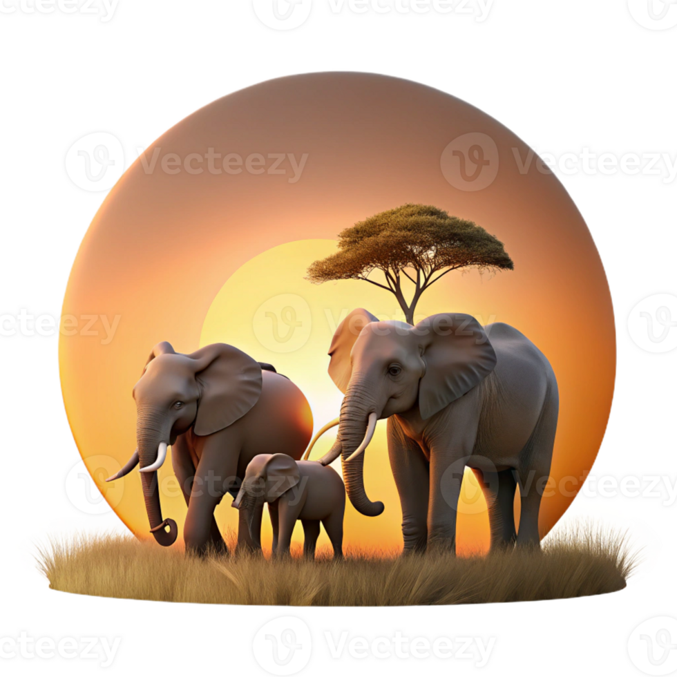 beautiful artistic A family of elephants crossing a dusty savanna, silhouetted against the setting sun, captured in a cinematic style with warm tones and dramatic lighting premium png