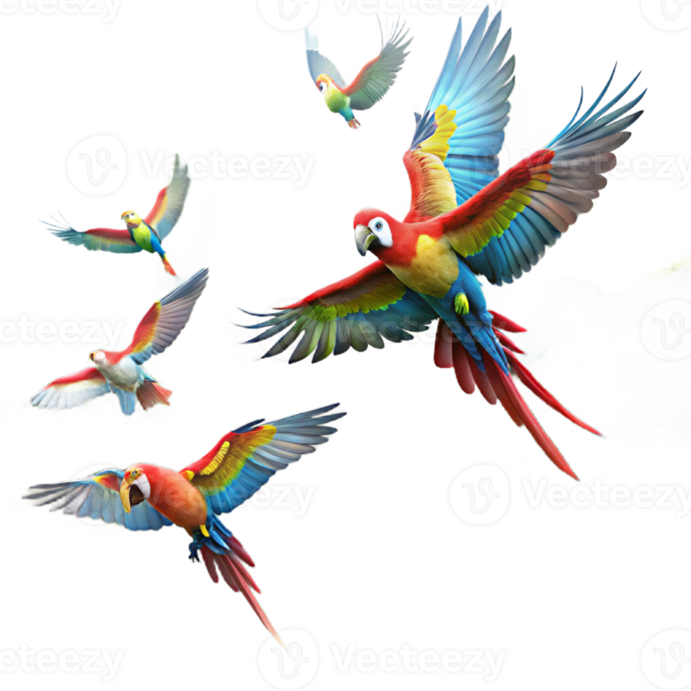 serene artistic A flock of colorful macaws soaring through a misty rainforest canopy, diffused lighting, impressionistic style detailed png