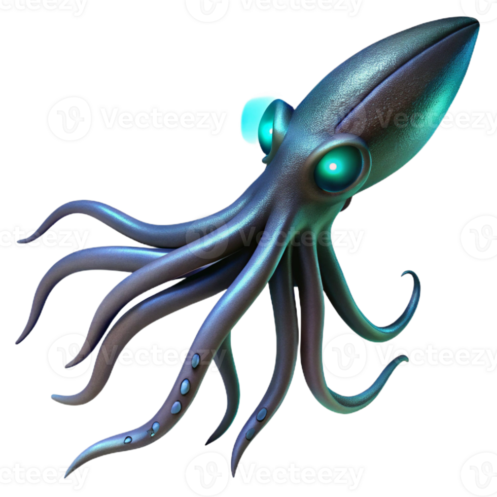 stunning contemporary A giant squid swimming through the dark depths of the ocean, bioluminescent lighting, surreal style authentic png