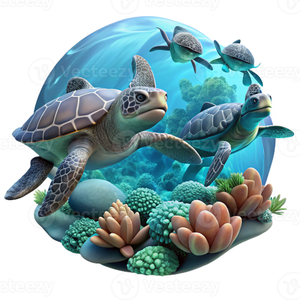 beautiful minimalist A group of sea turtles swimming through crystal clear water, coral reefs visible below, captured in a serene, underwater style with soft lighting and cool colors high quality png