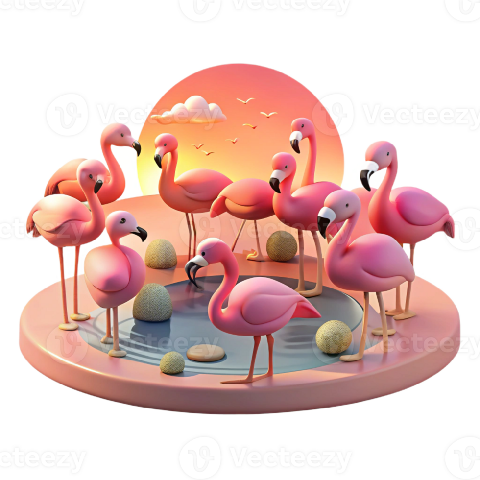 stunning vintage A flock of flamingos wading in a shallow pink lake, sunset lighting, pastel colors original png
