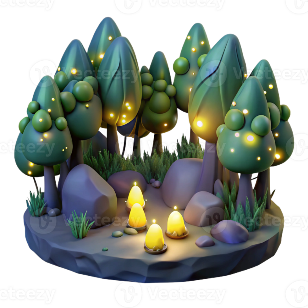 elegant abstract A group of fireflies illuminating a dark forest, bioluminescent lighting, magical realism style premium png