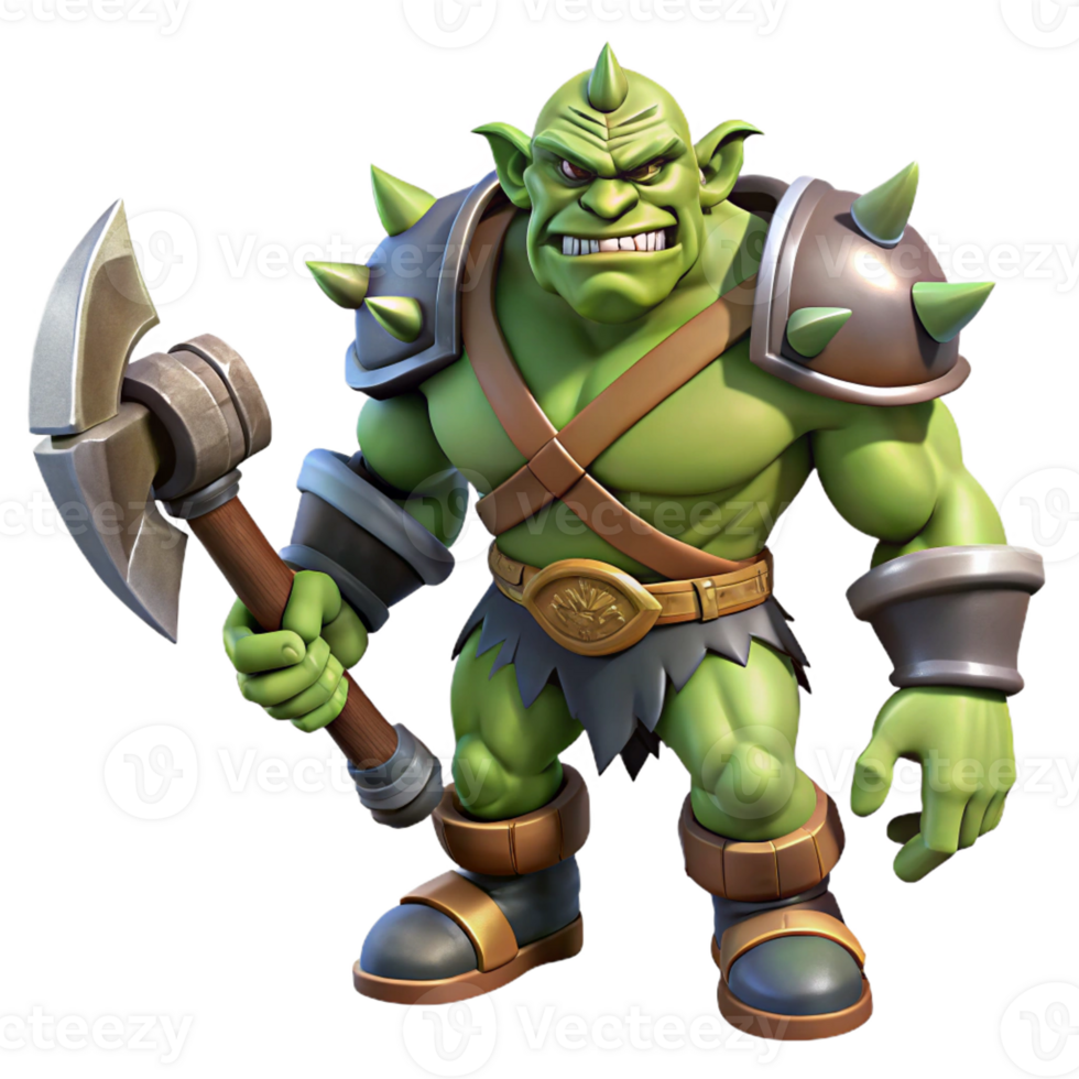 vibrant creative A fierce orc warrior wielding a massive axe, dramatic lighting, realistic style, detailed textures on the armor and skin detailed png