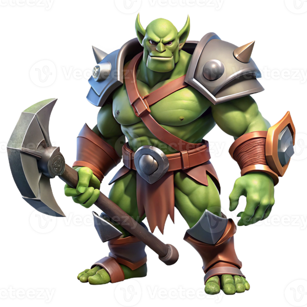 dramatic traditional A fierce orc warrior wielding a massive axe, dramatic lighting, realistic style, detailed textures on the armor and skin premium png