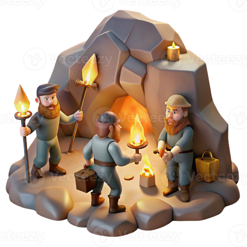 vibrant abstract A group of dwarves mining for gems in a mountain cave, warm, flickering torchlight, Rembrandt lighting, detailed textures on the rock and gems detailed png