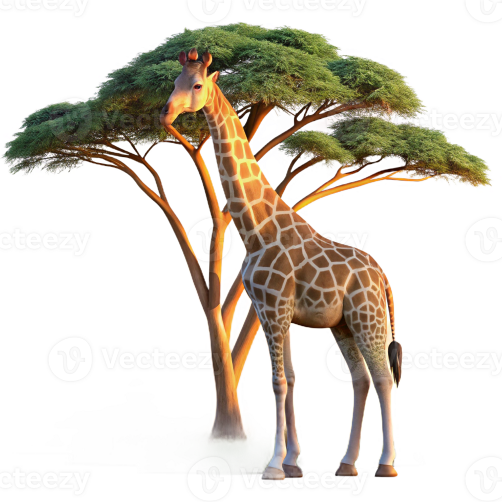 extraordinary contemporary A majestic giraffe reaching for leaves on a tall acacia tree, sunset lighting, African savanna setting genuine png
