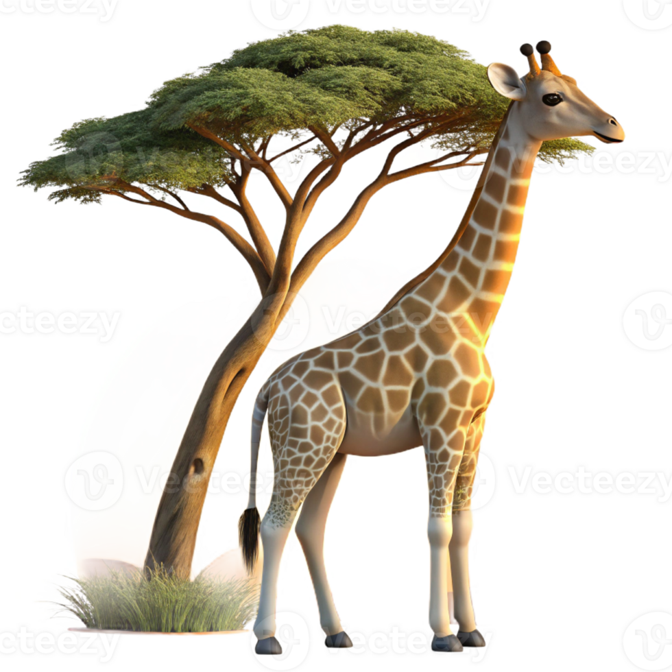 beautiful creative A majestic giraffe reaching for leaves on a tall acacia tree, sunset lighting, African savanna setting high quality png