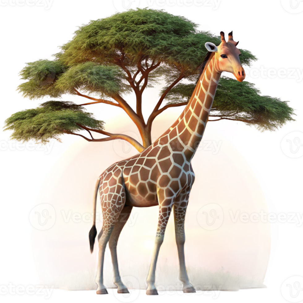 beautiful classic A majestic giraffe reaching for leaves on a tall acacia tree, sunset lighting, African savanna setting genuine png