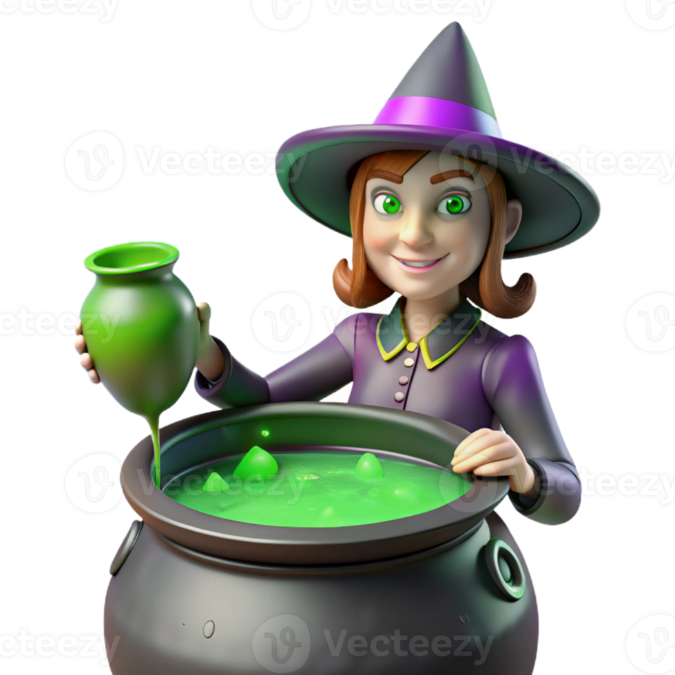 beautiful classic A powerful witch brewing a potion in a cauldron, dark, green lighting, Gothic style, bubbling and steaming potion 4K png