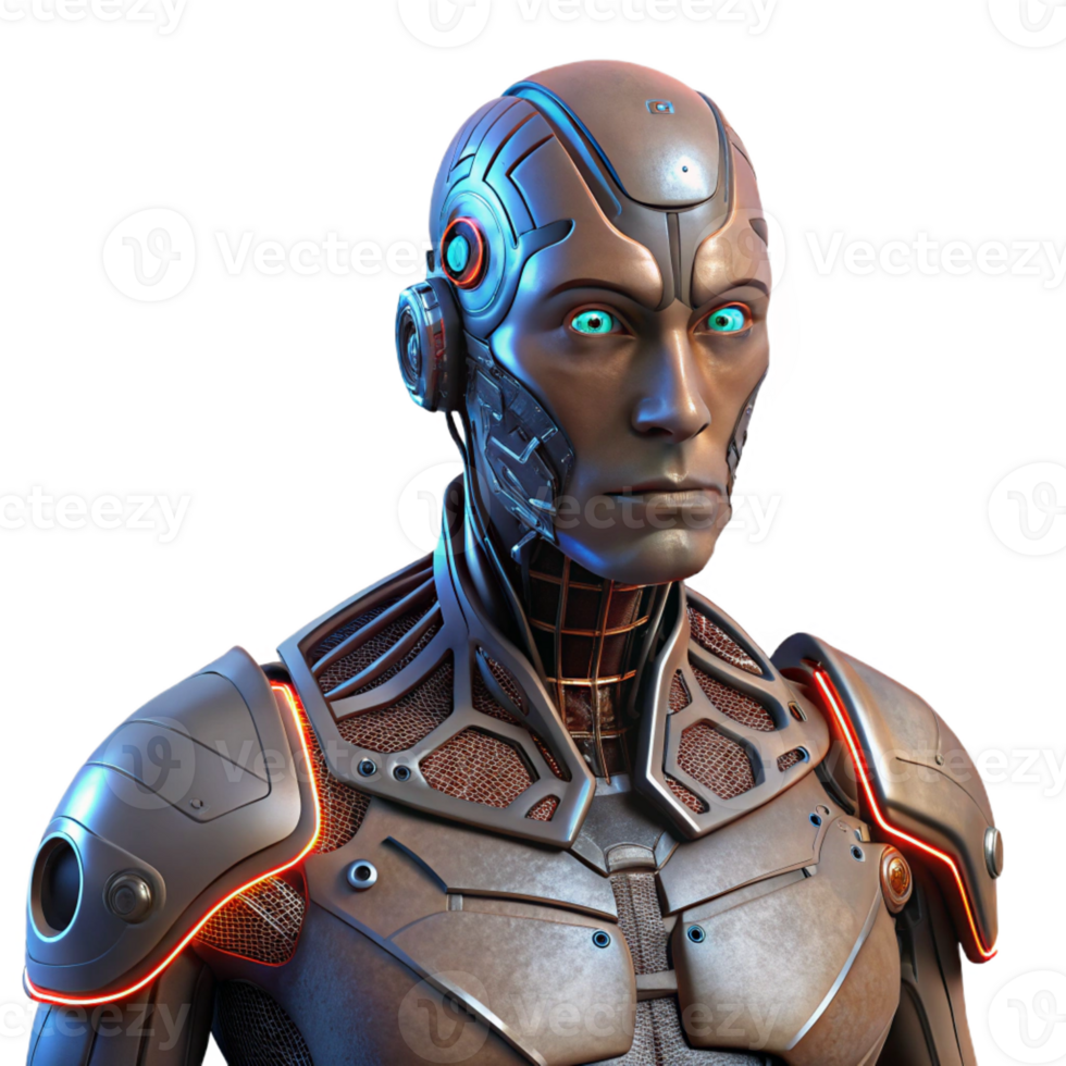 extraordinary modern A stoic cyborg, half-machine, half-flesh, intricate wires and glowing circuits beneath torn skin, lit by a single, overhead spotlight, cyberpunk style original png