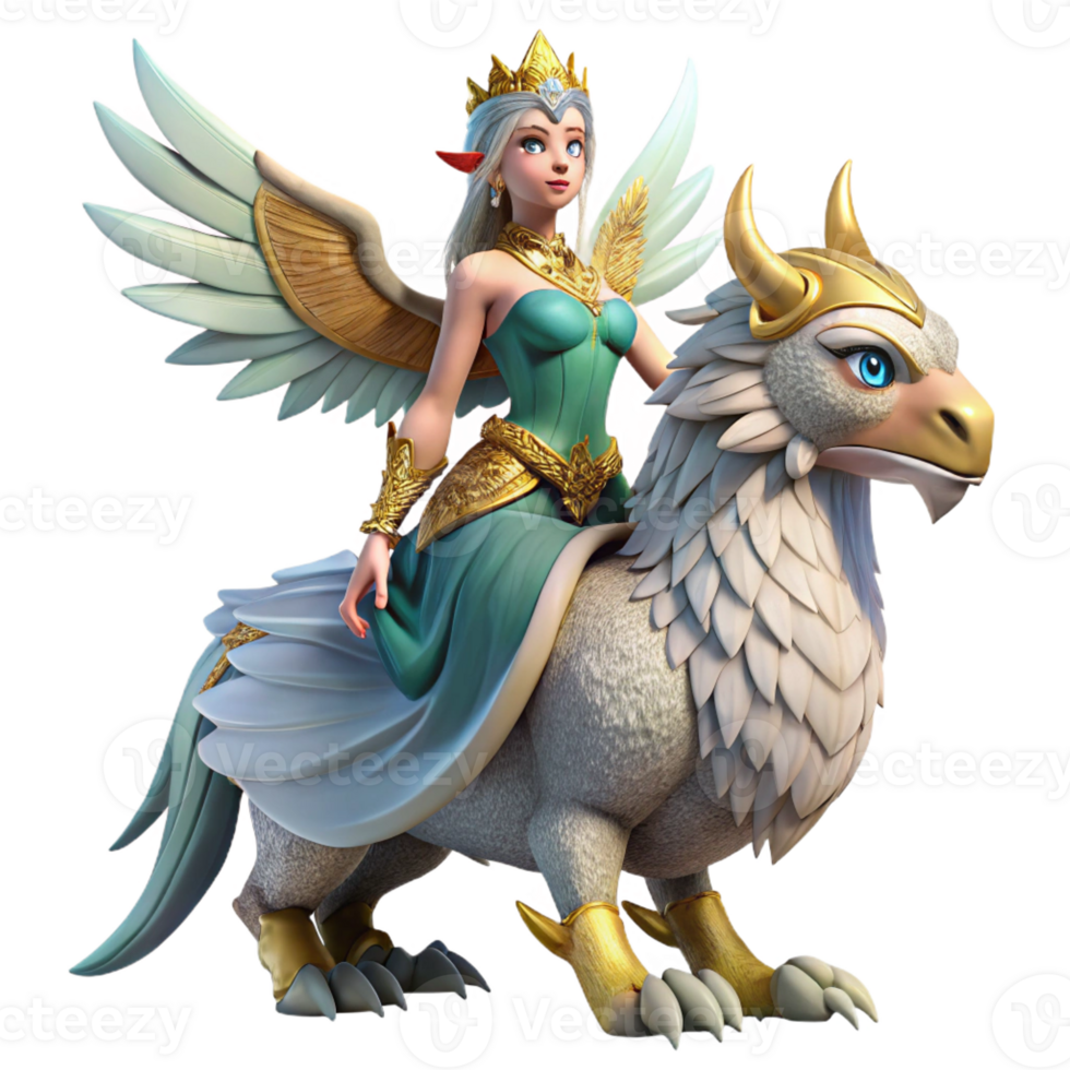 beautiful rustic A beautiful elf princess riding a griffin, dramatic lighting, Art Deco style, intricate details in the princess's dress and the griffin's feathers detailed png