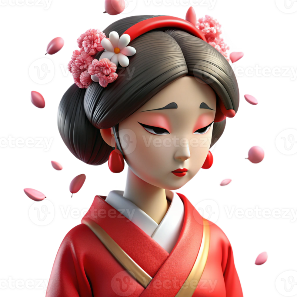 stunning rustic A melancholic geisha with white makeup and a red kimono, gazing at a single falling cherry blossom, soft lighting, Japanese woodblock print style genuine png