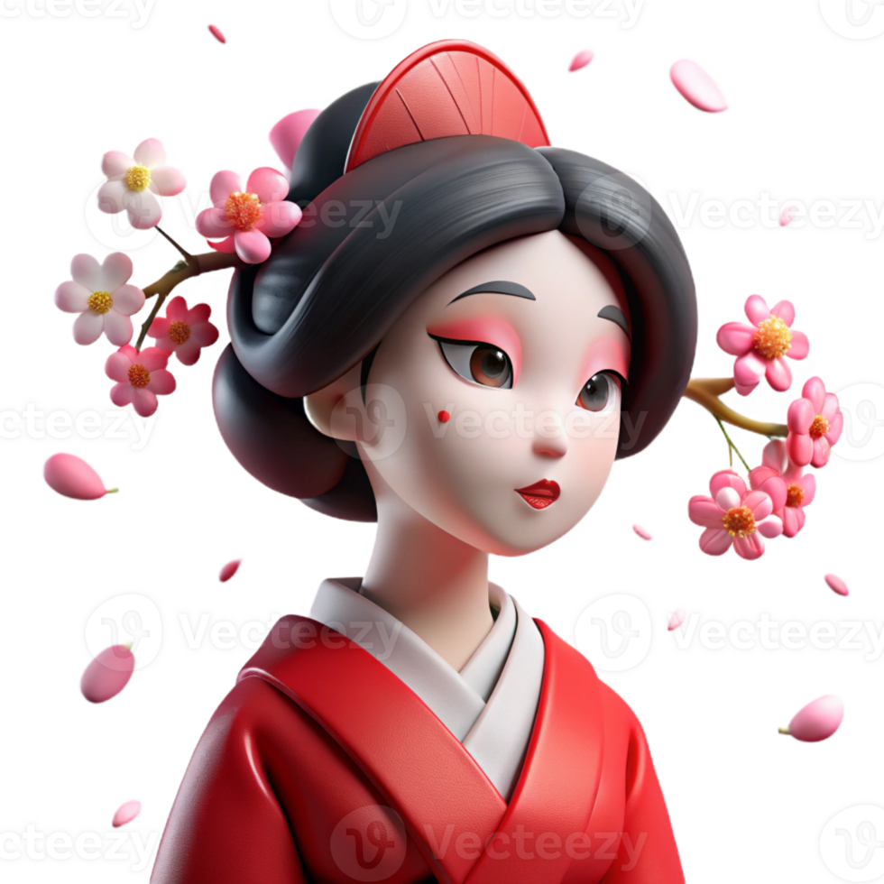 dramatic classic A melancholic geisha with white makeup and a red kimono, gazing at a single falling cherry blossom, soft lighting, Japanese woodblock print style authentic png