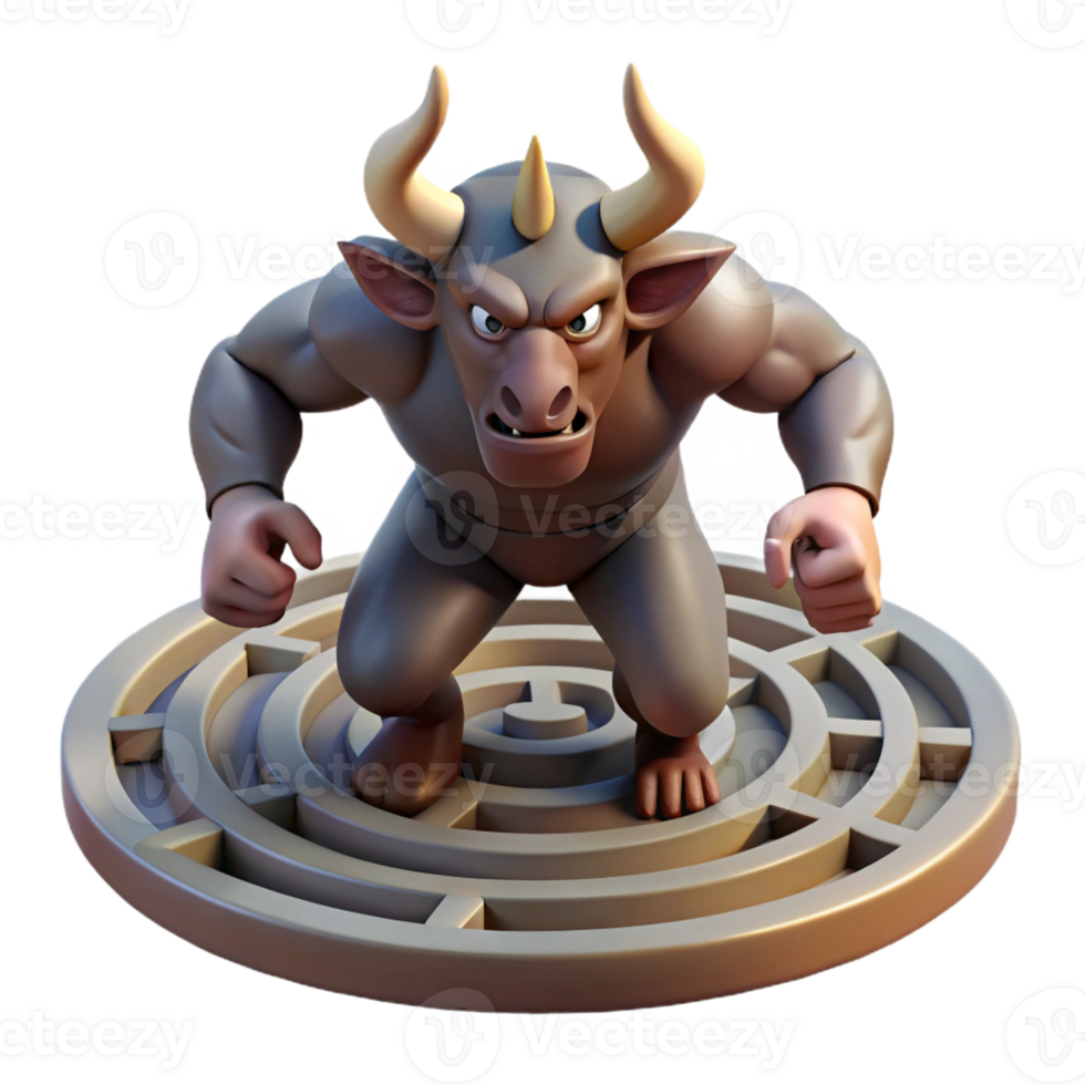 serene abstract A fierce minotaur trapped in a labyrinth, dramatic lighting, Baroque style, frustrated pose premium png