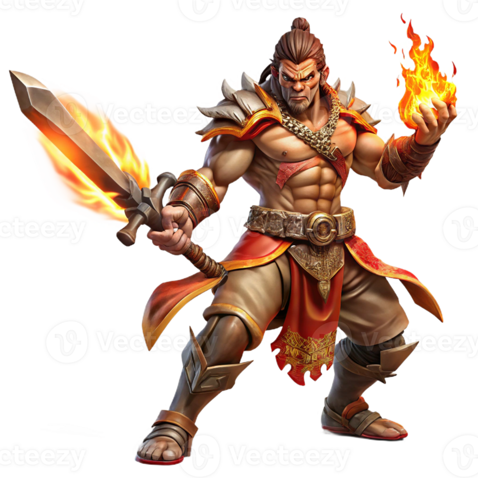 vibrant artistic A fierce warrior with tribal markings, wielding a flaming sword, dramatic backlighting, fantasy art style premium png