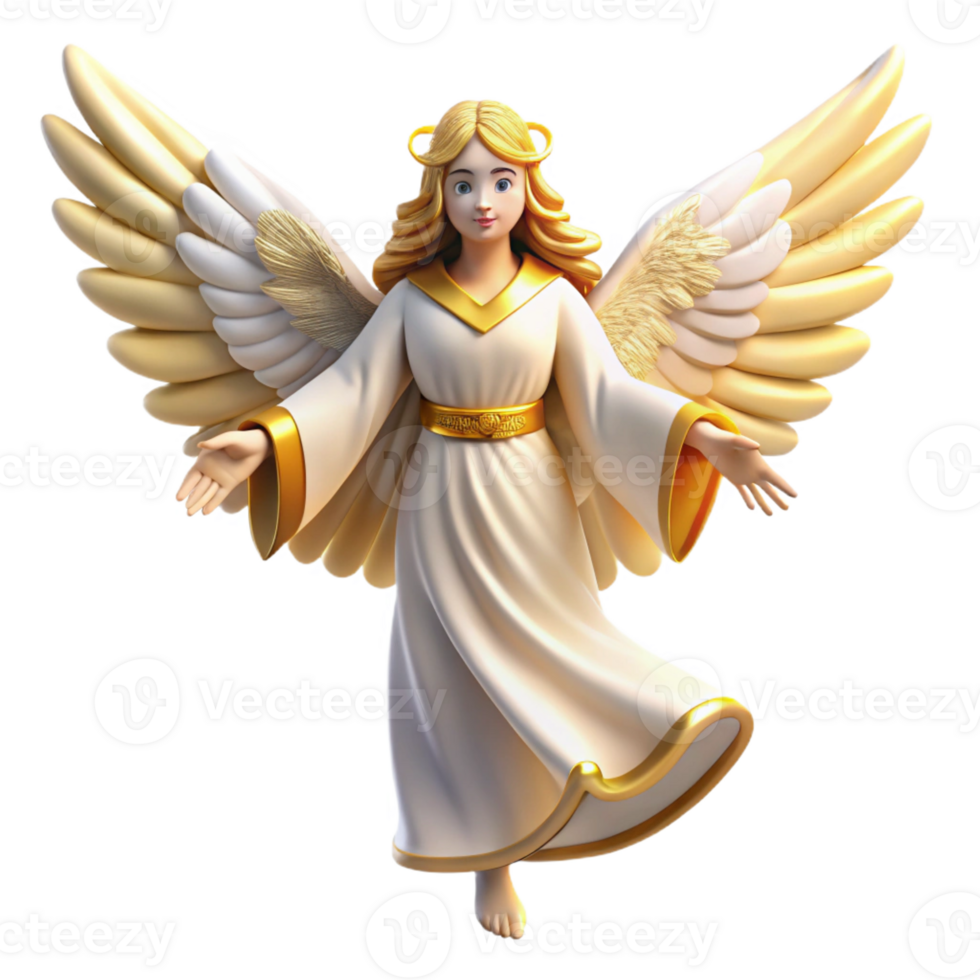 serene rustic A radiant angel with golden wings and flowing white robes, bathed in heavenly light, Renaissance painting style professional png