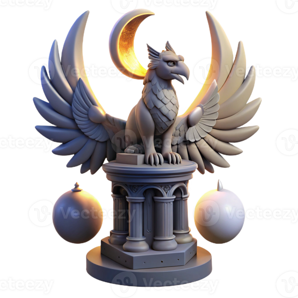 serene vintage A majestic griffin perched atop a crumbling obsidian tower, illuminated by the ethereal glow of three moons, Art Nouveau style genuine png