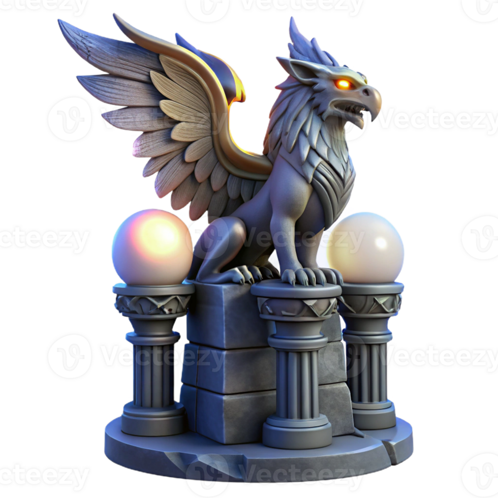 dramatic rustic A majestic griffin perched atop a crumbling obsidian tower, illuminated by the ethereal glow of three moons, Art Nouveau style authentic png