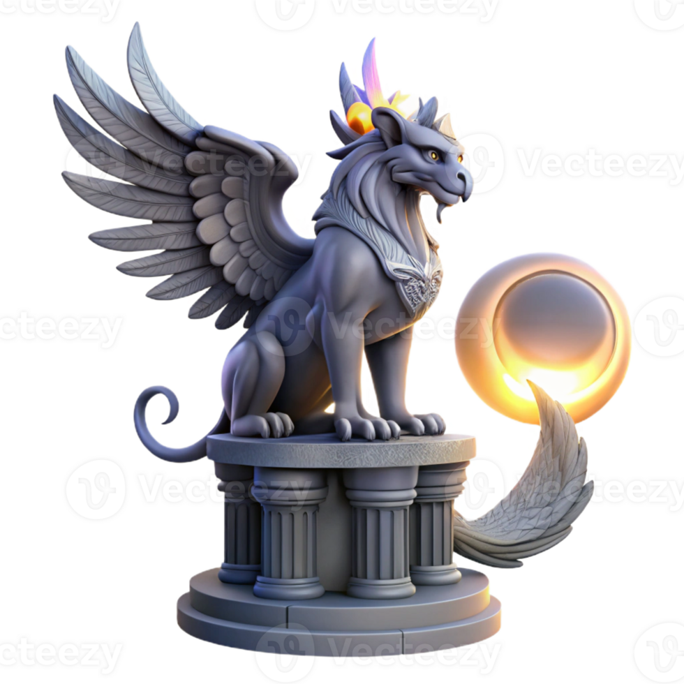 magnificent modern A majestic griffin perched atop a crumbling obsidian tower, illuminated by the ethereal glow of three moons, Art Nouveau style premium png