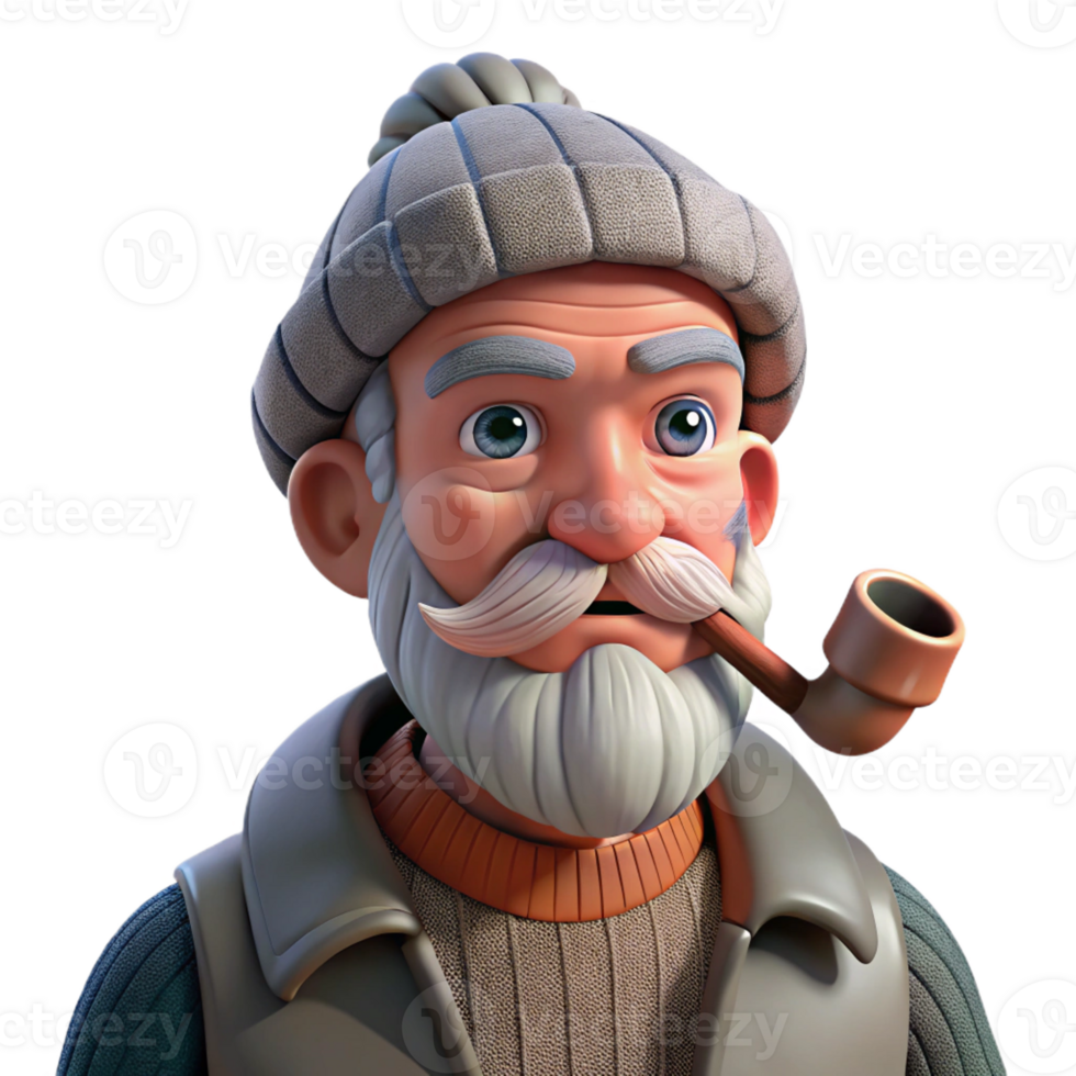 magnificent vintage A weathered old fisherman with a wrinkled face and a pipe, squinting into the distance, harsh sunlight, realistic style genuine png