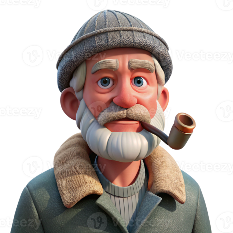 dramatic rustic A weathered old fisherman with a wrinkled face and a pipe, squinting into the distance, harsh sunlight, realistic style genuine png