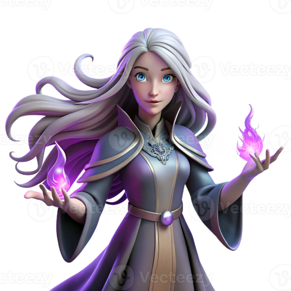 magnificent creative A mystical sorceress with long, flowing silver hair and glowing purple eyes, casting a spell, ethereal lighting, fantasy art style high resolution png