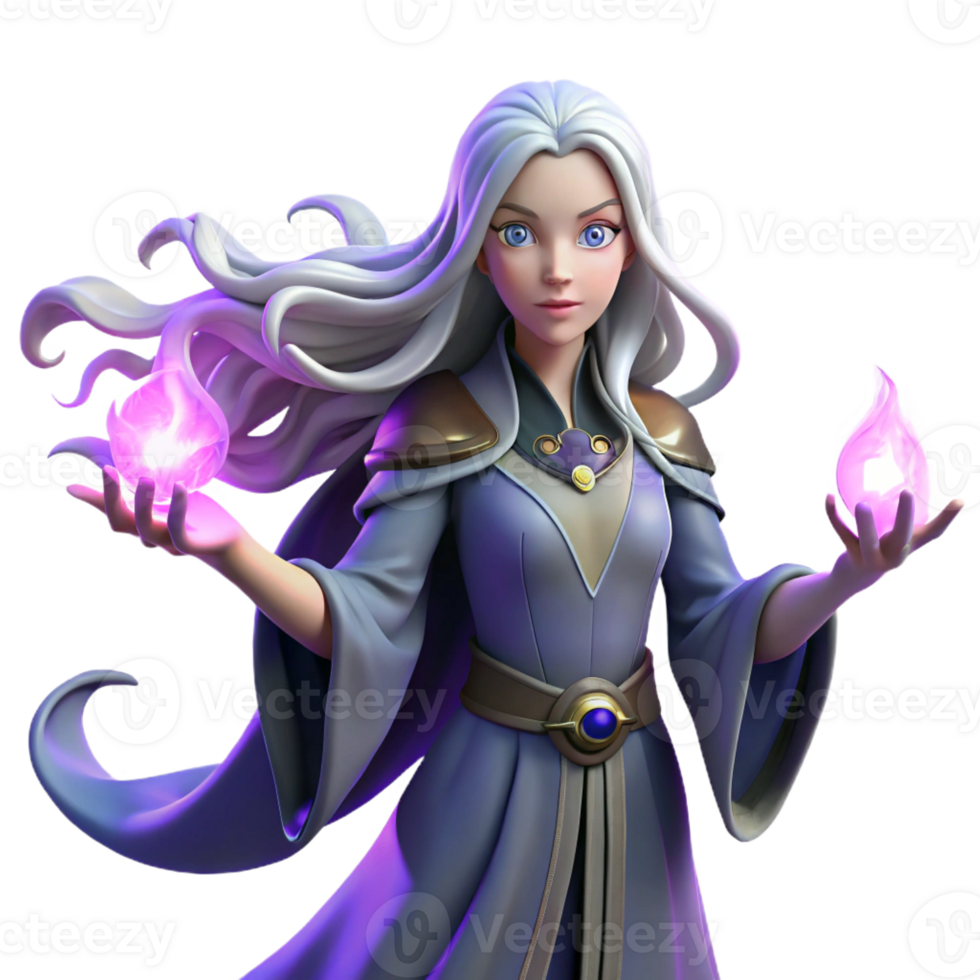 impressive classic A mystical sorceress with long, flowing silver hair and glowing purple eyes, casting a spell, ethereal lighting, fantasy art style high resolution png