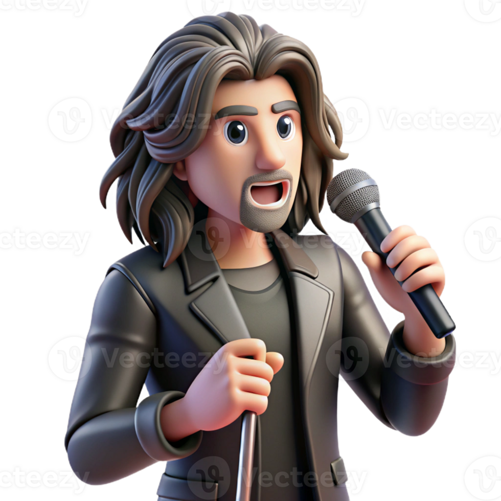 stunning minimalist A charismatic rock star with long, flowing hair and a leather jacket, holding a microphone, stage lighting, graphic novel style premium png