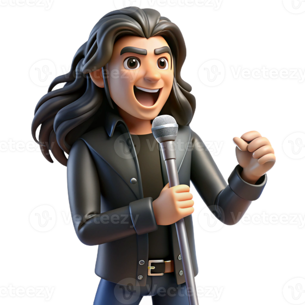 beautiful abstract A charismatic rock star with long, flowing hair and a leather jacket, holding a microphone, stage lighting, graphic novel style genuine png