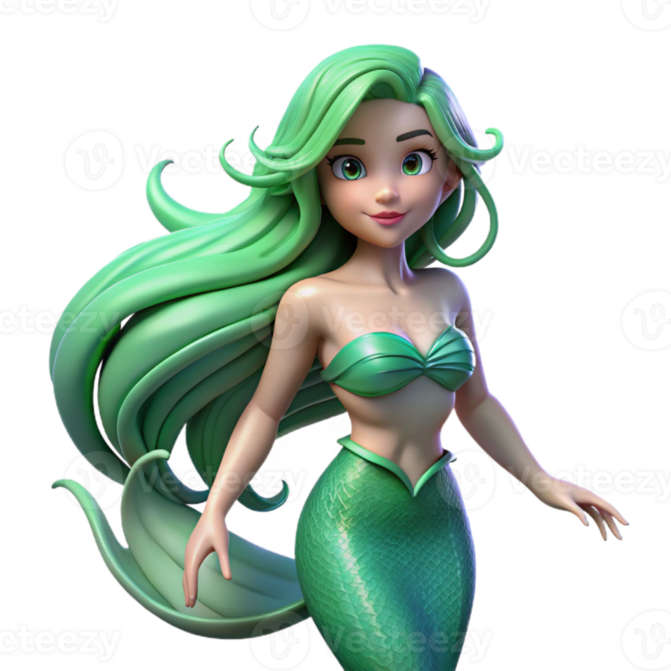 dramatic modern A beautiful mermaid with flowing green hair and iridescent scales, underwater lighting, fantasy art style exclusive png