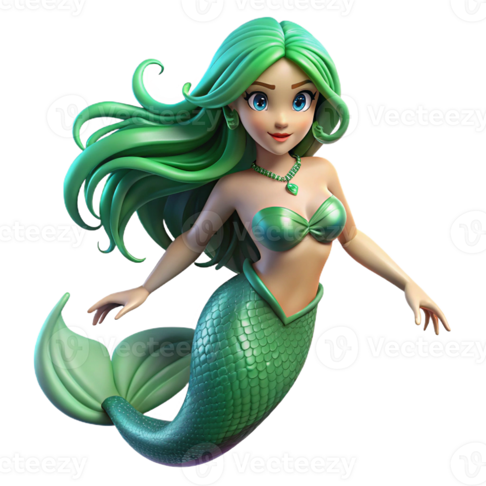 dramatic abstract A beautiful mermaid with flowing green hair and iridescent scales, underwater lighting, fantasy art style 4K png