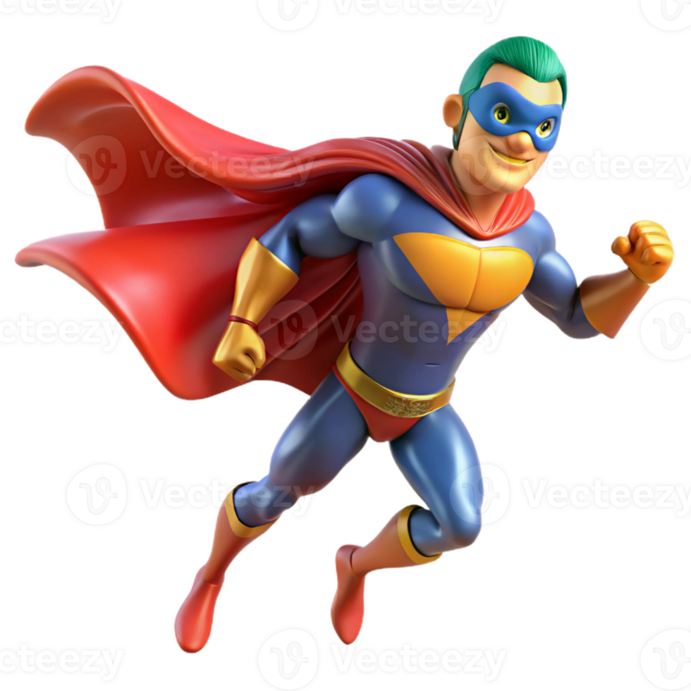serene modern A powerful superhero with a masked face and a flowing cape, dynamic pose, comic book style lighting, cel-shaded premium png