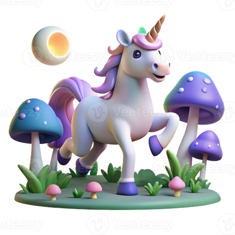 serene traditional A whimsical unicorn prancing through a field of glowing mushrooms, moonlight, Lisa Frank style high resolution png