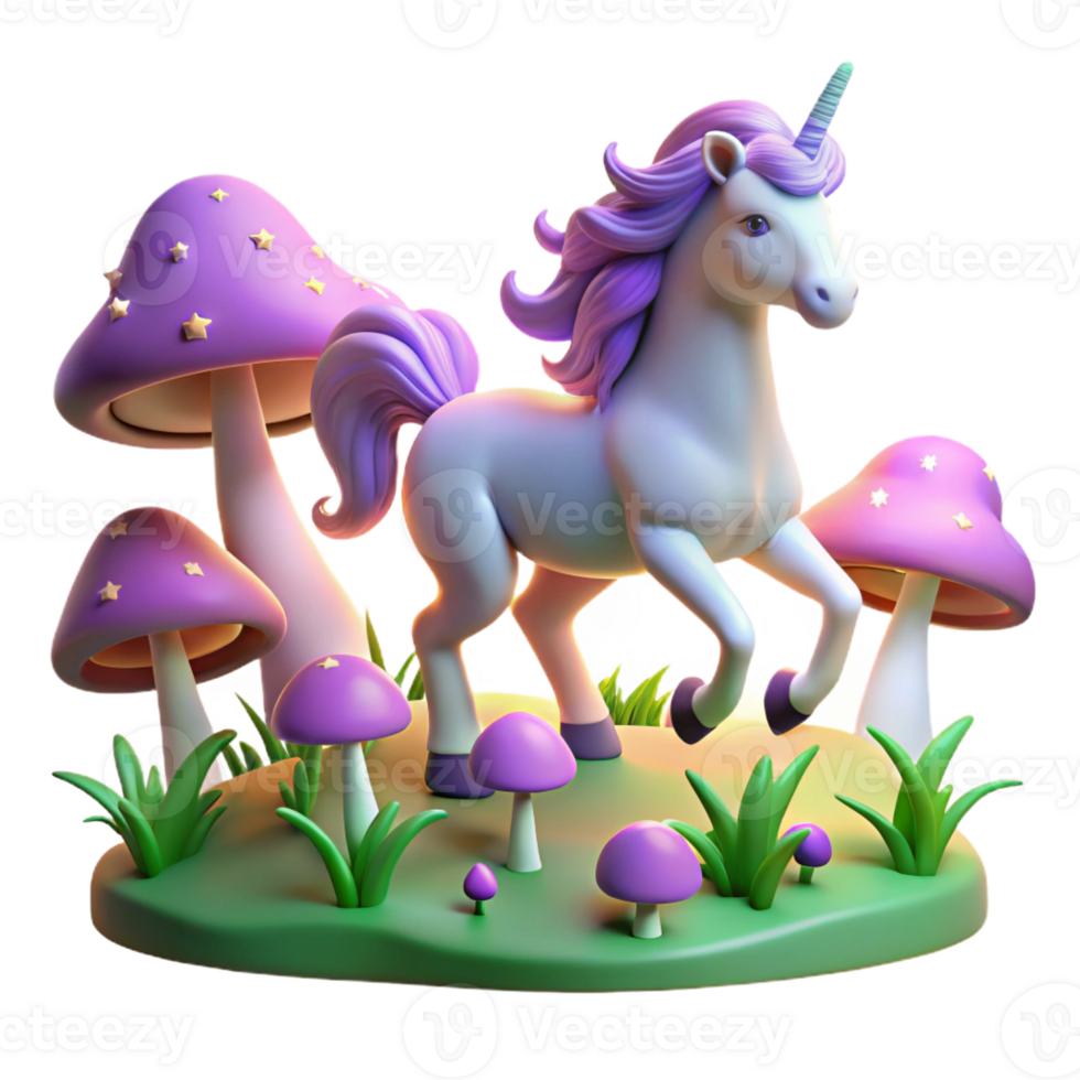 dramatic contemporary A whimsical unicorn prancing through a field of glowing mushrooms, moonlight, Lisa Frank style detailed png
