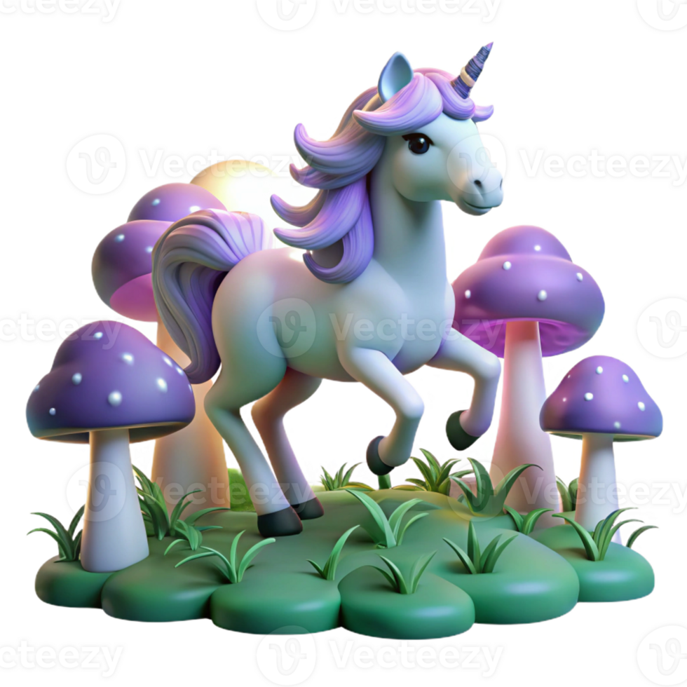 magnificent contemporary A whimsical unicorn prancing through a field of glowing mushrooms, moonlight, Lisa Frank style detailed png