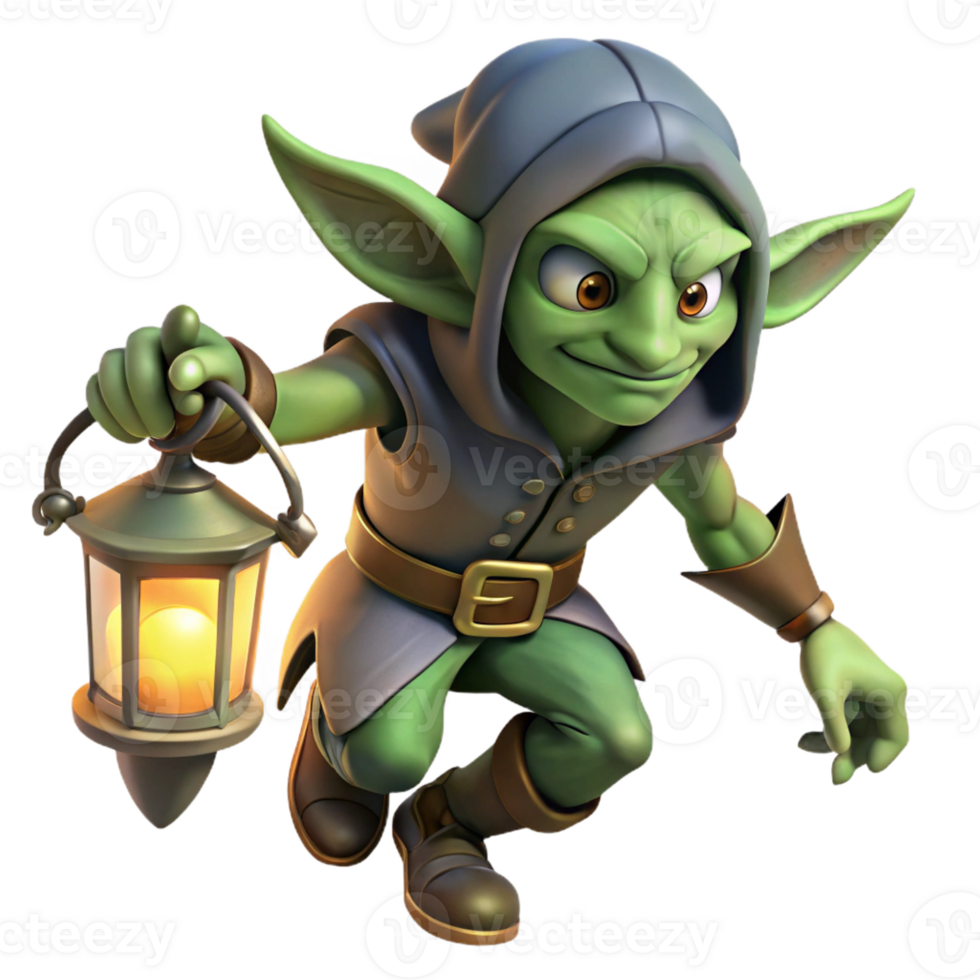 magnificent abstract A cunning goblin rogue sneaking through a shadowy alley, dim lantern light, comic book style exclusive png