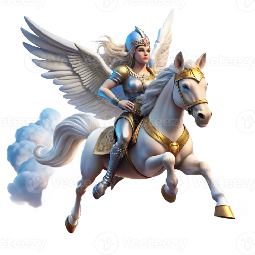 extraordinary rustic A beautiful Valkyrie riding a winged horse through a cloudy sky, divine lighting, Norse mythology style original png
